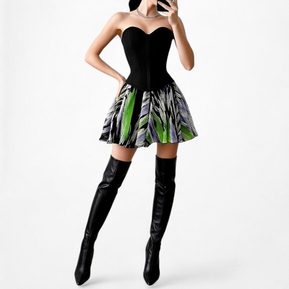 Bebe Black Silk White Purple Green Flared Pleated Skater Flowy Mini Skirt Size S - Picture 2 of 6